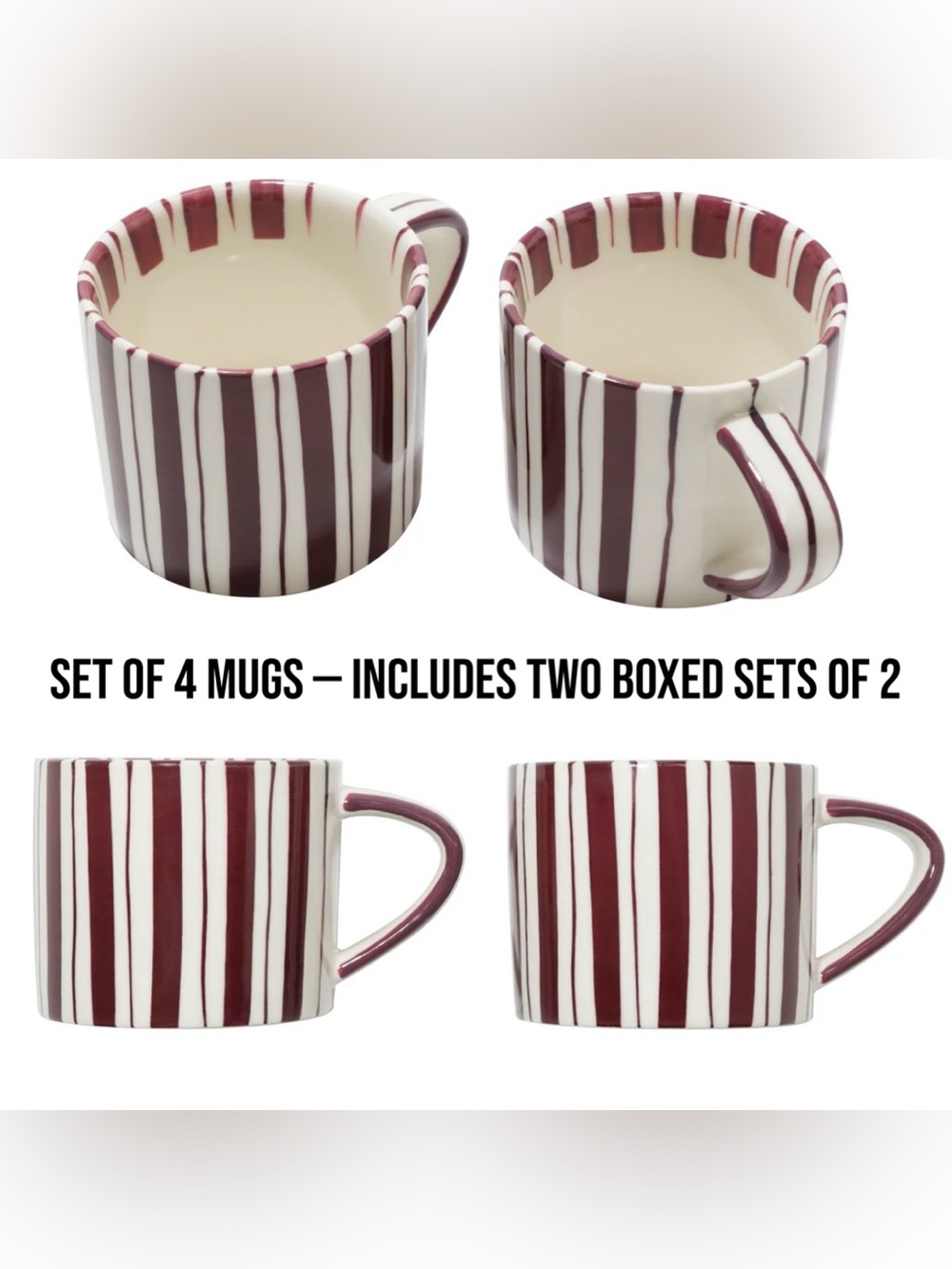 NWT Noon & Moon Cherry Lacquer Striped Coffee Mugs 2 Sets of 2 = 4 Total Mugs